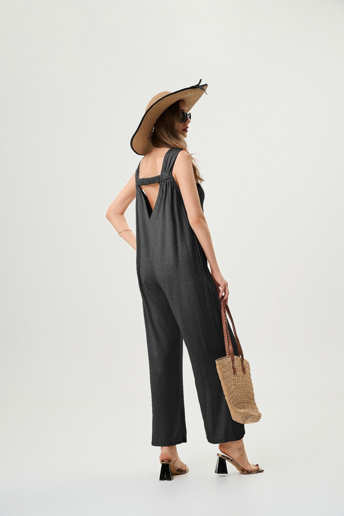 Women's Linen Jumpsuit - Comfortable And Breathable, Elastic Back