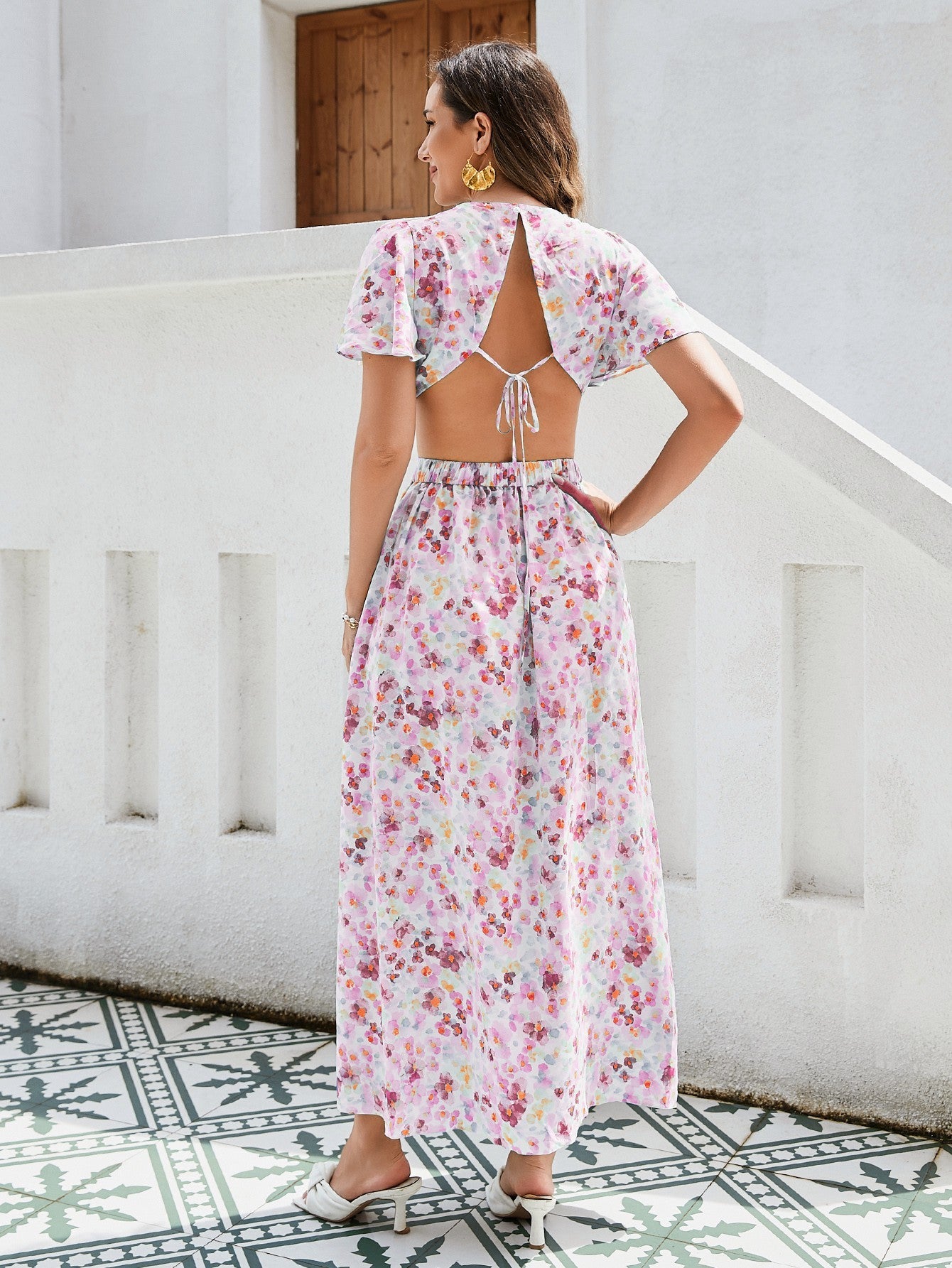 Women's Floral Print Maxi Dress - Elegant Vacation Dress With Ruffle Sleeves