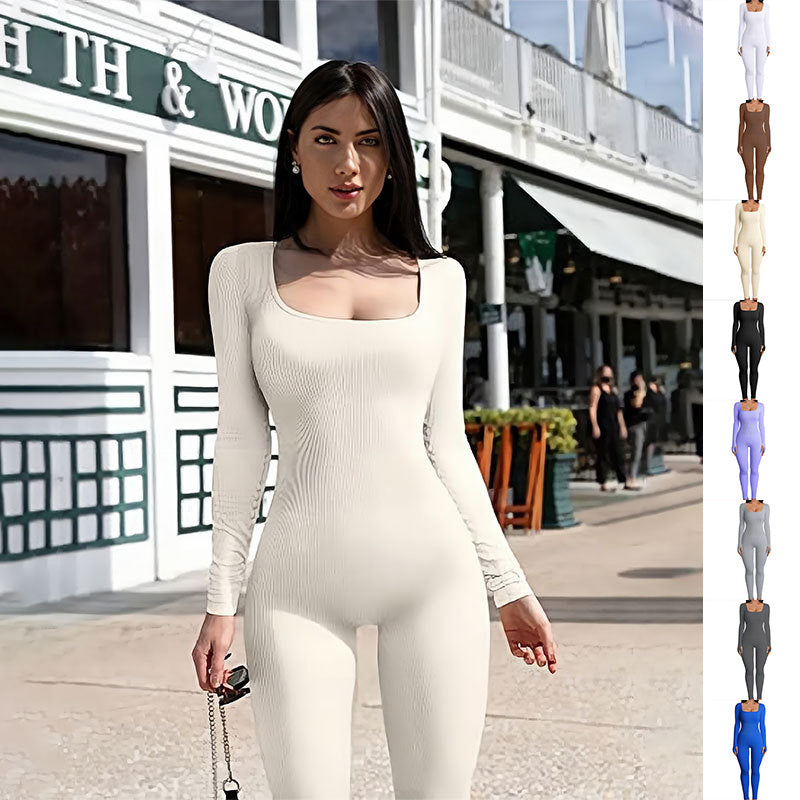 Women's Yoga Sports Fitness Jumpsuit Workout Long Sleeve Square Collar