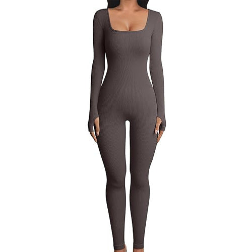 Women's Yoga Sports Fitness Jumpsuit Workout Long Sleeve Square Collar