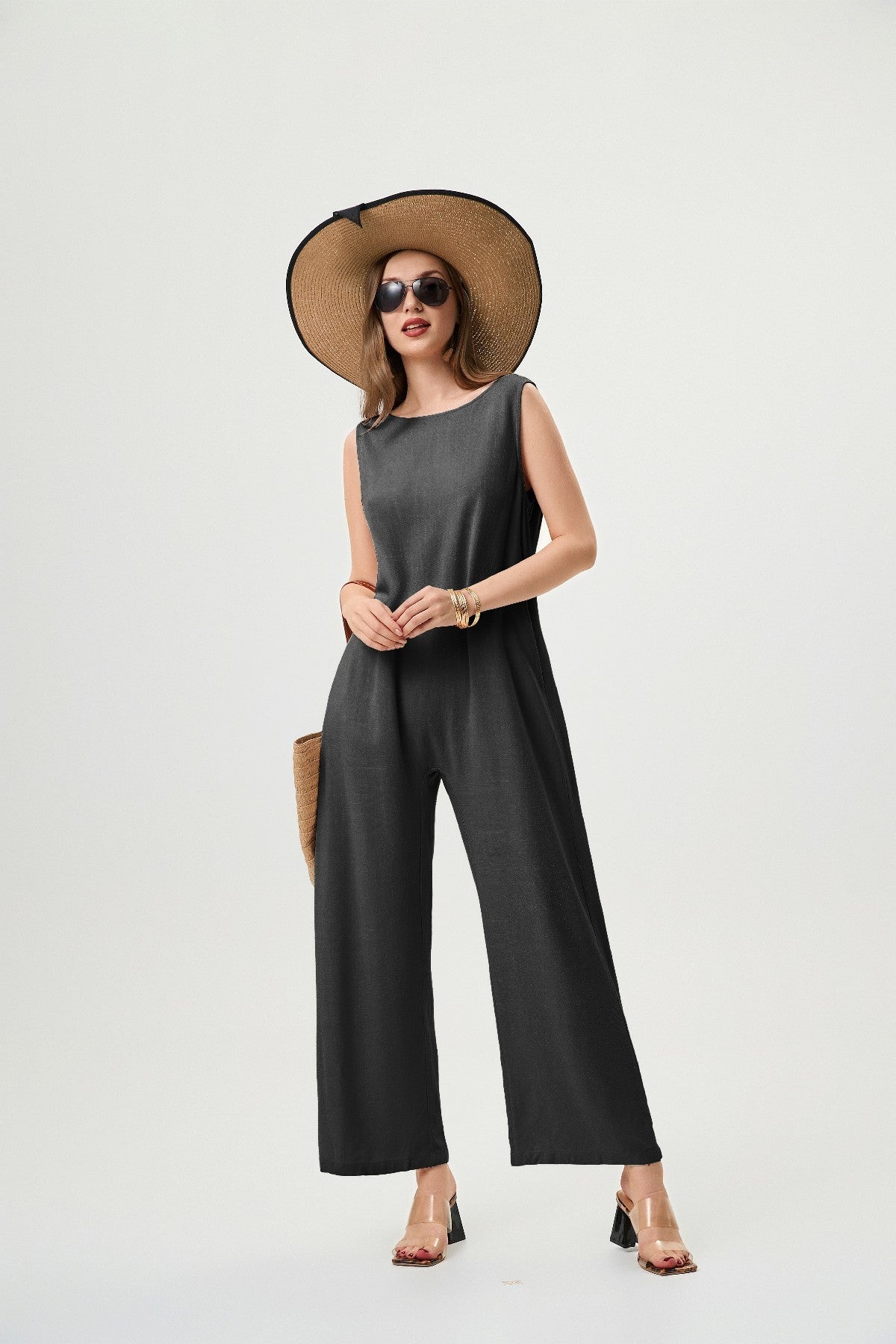 Women's Linen Jumpsuit - Comfortable And Breathable, Elastic Back