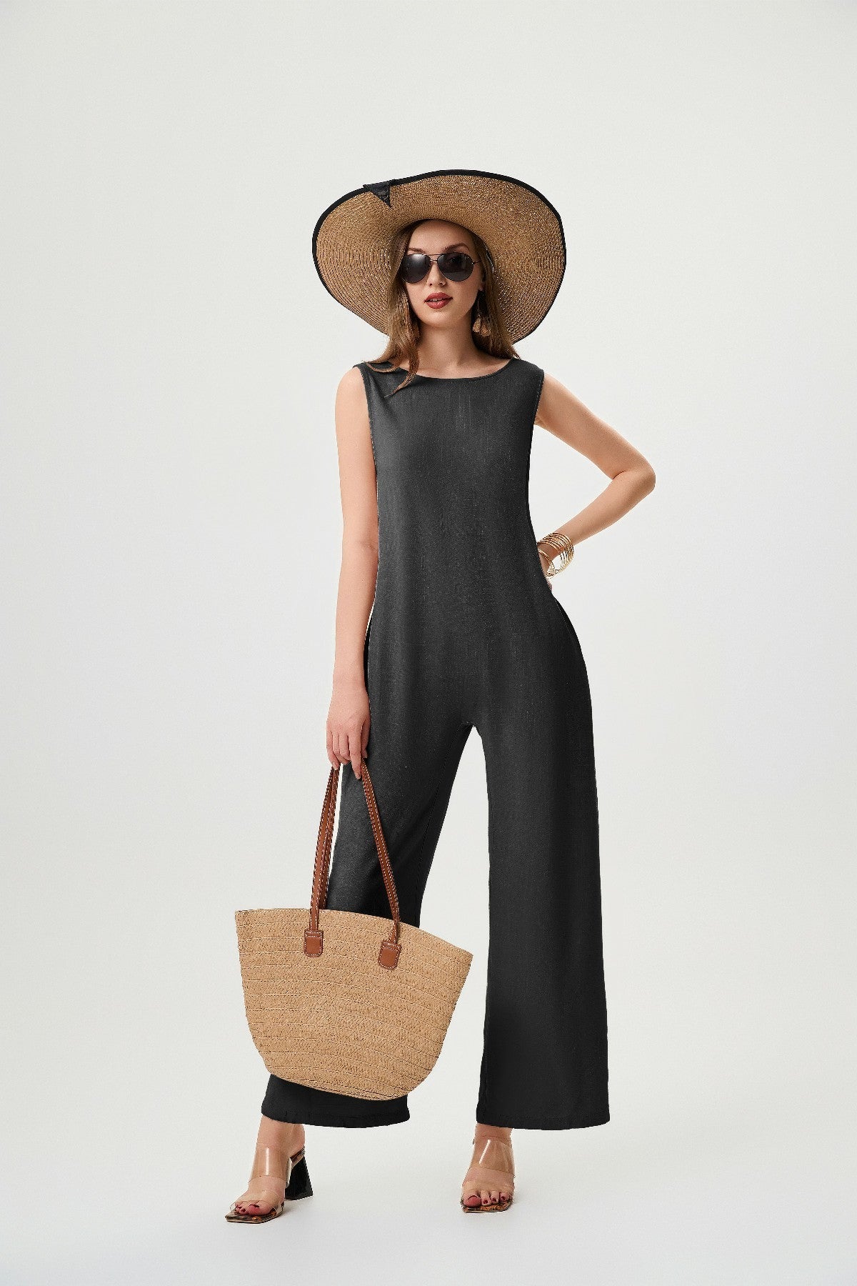 Women's Linen Jumpsuit - Comfortable And Breathable, Elastic Back