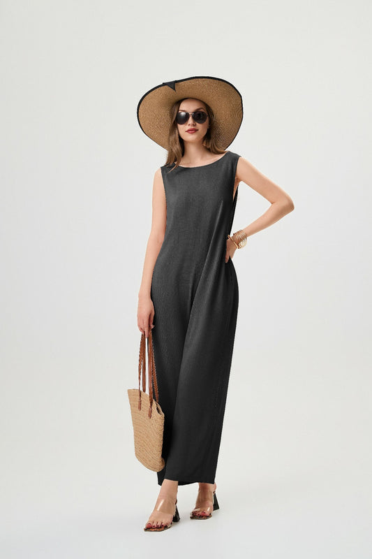 Women's Linen Jumpsuit - Comfortable And Breathable, Elastic Back