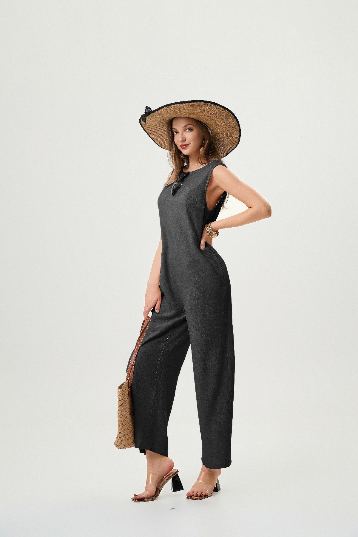 Women's Linen Jumpsuit - Comfortable And Breathable, Elastic Back